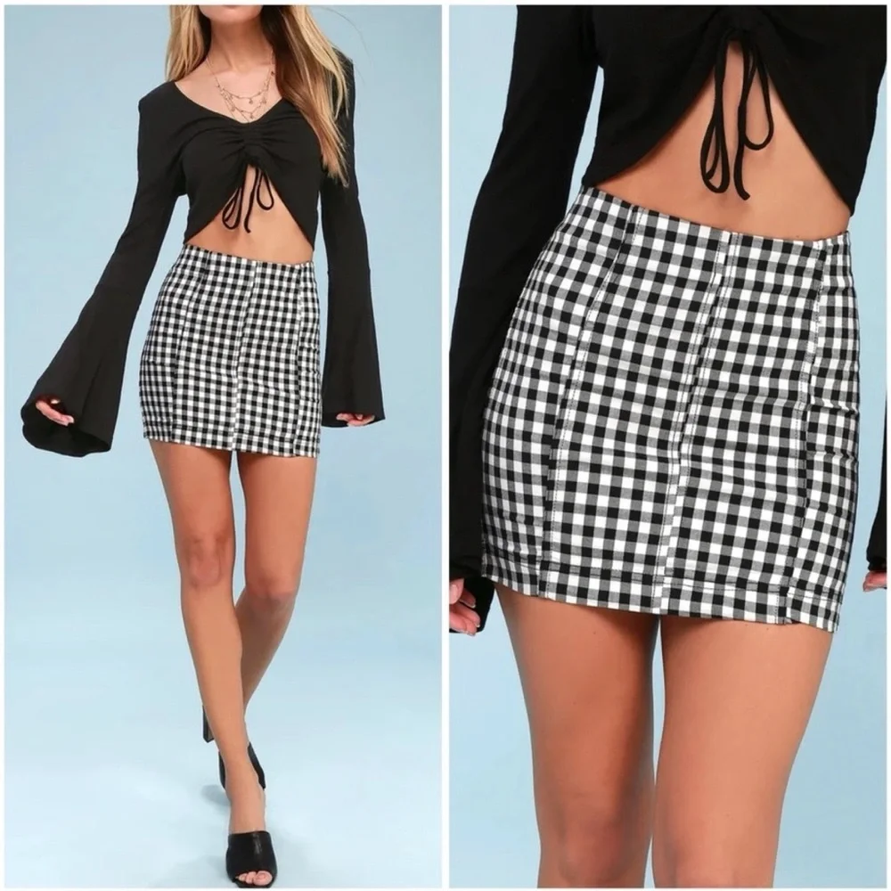 Free People Black & White Gingham Mini Skirt - Picture 1 of 11